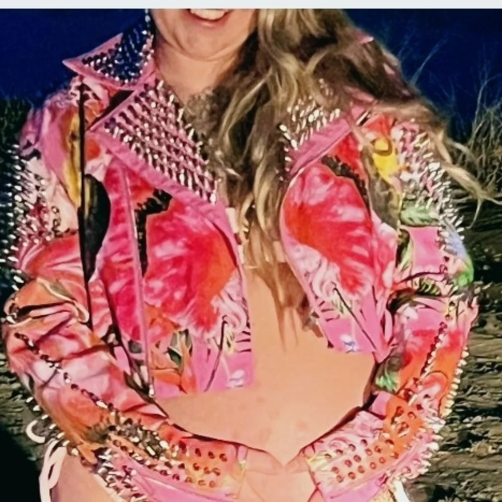 AKIRA Hot Pink Floral Studded Cropped Leather Jacket - Picture 2 of 2